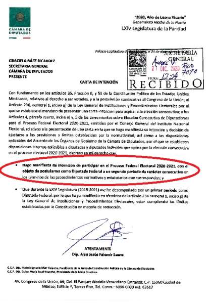 El pasado lunes 21 de diciembre Alán Falomir presentó este oficio ante la Secretaria General de la Cámara de Diputados, Graciela Baez Ricardez.