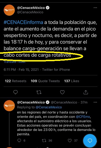 El Centro Nacional de Control de Energía (CENACE) anunciando la aplicación de cortes (tandeos) de electricidad en los estados del norte del país afectados por la onda gélida.