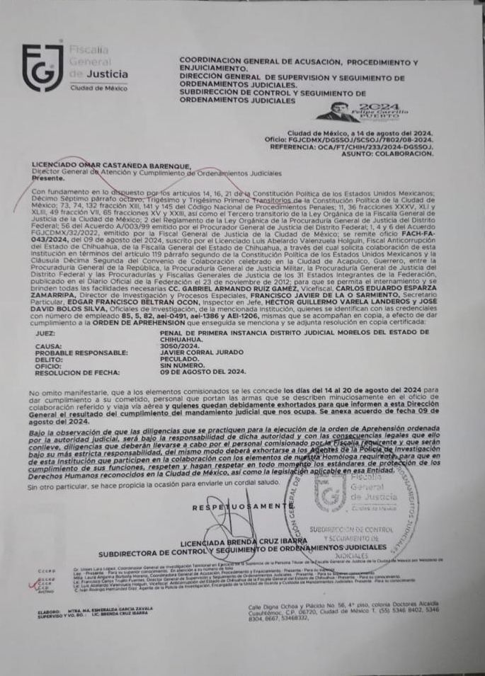 La Fiscalía de la CDMX recibió con tiempo y atendió la solicitud hecha por la FGD de Chihuahua.